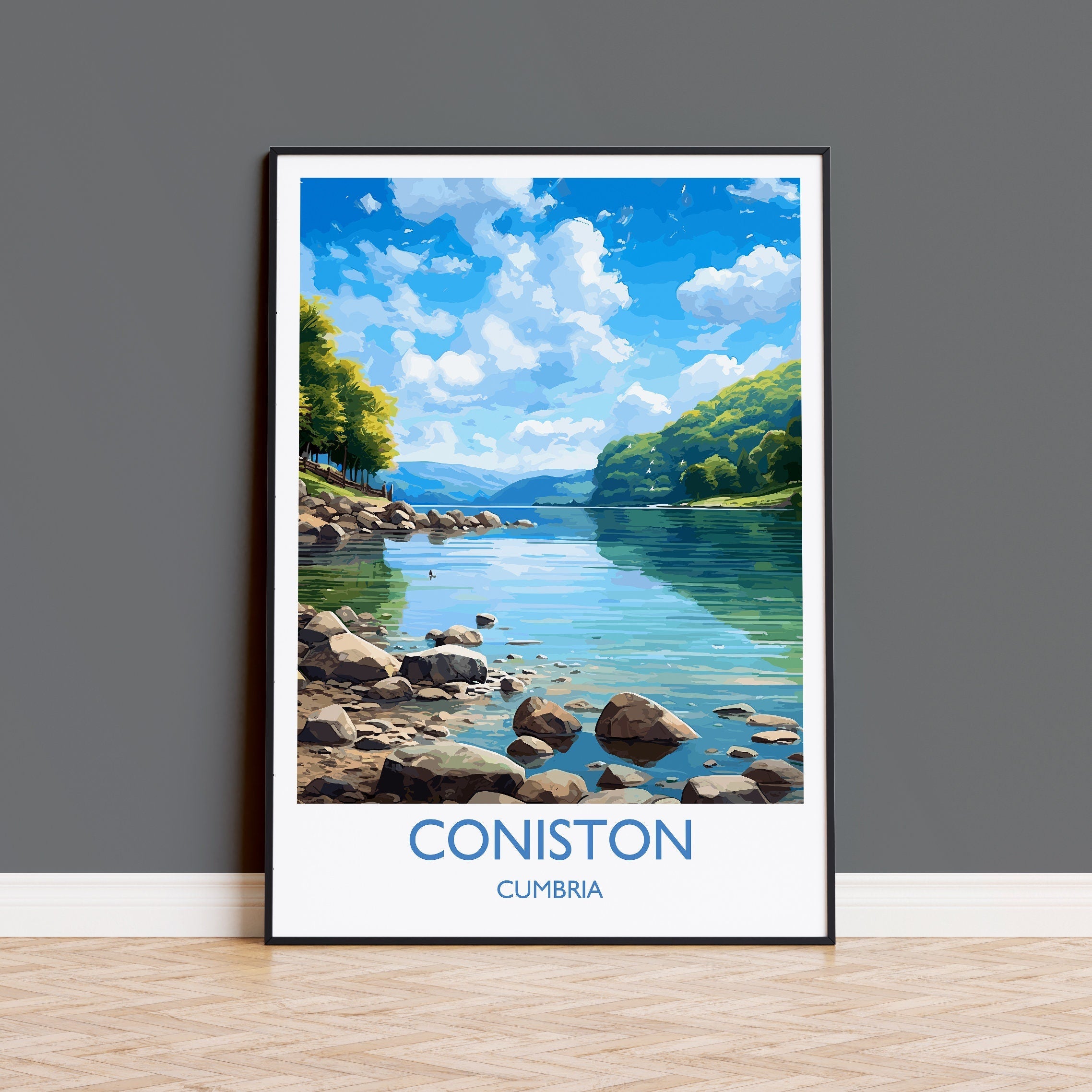 Coniston Travel Poster, Coniston Travel Print, England, Cumbria Art, Coniston Gift, Lake District, Wall Art Print NQ Media Designs