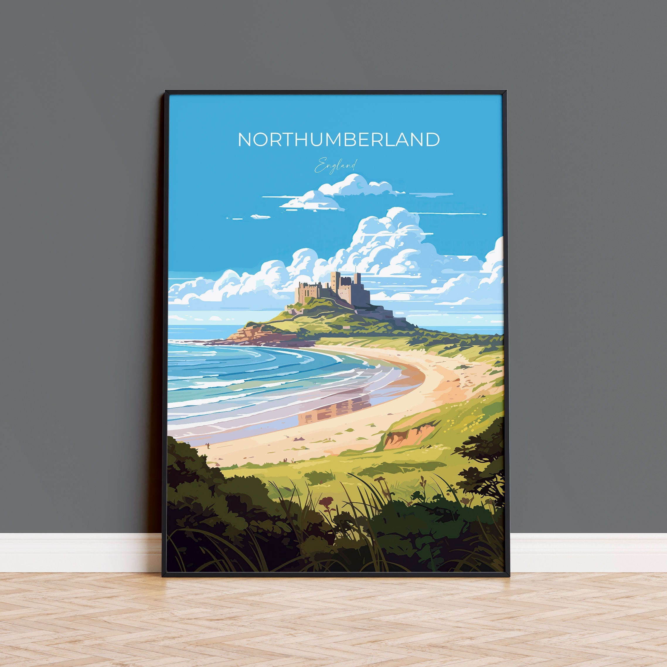 Northumberland Travel Poster, Travel Print of Northumberland Coast, England, Northumberland Art, Bamburgh Castle Gift, Wall Art Print NQ Media Designs