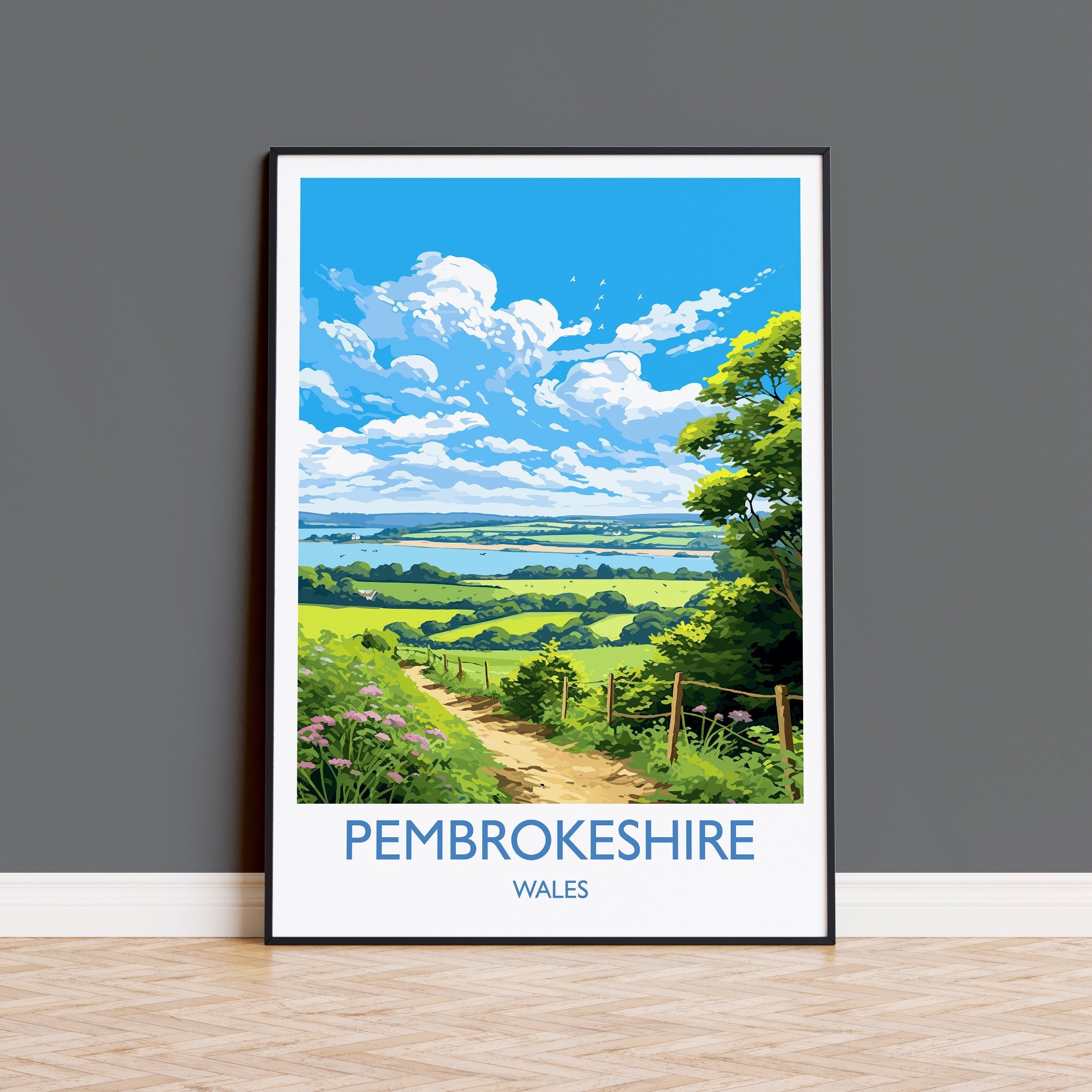 Pembrokeshire Print, Travel Poster of Pembrokeshire, Wales, Pembrokeshire Art Gift, Wales Gift Art, Landscape Wall Art Print NQ Media Designs