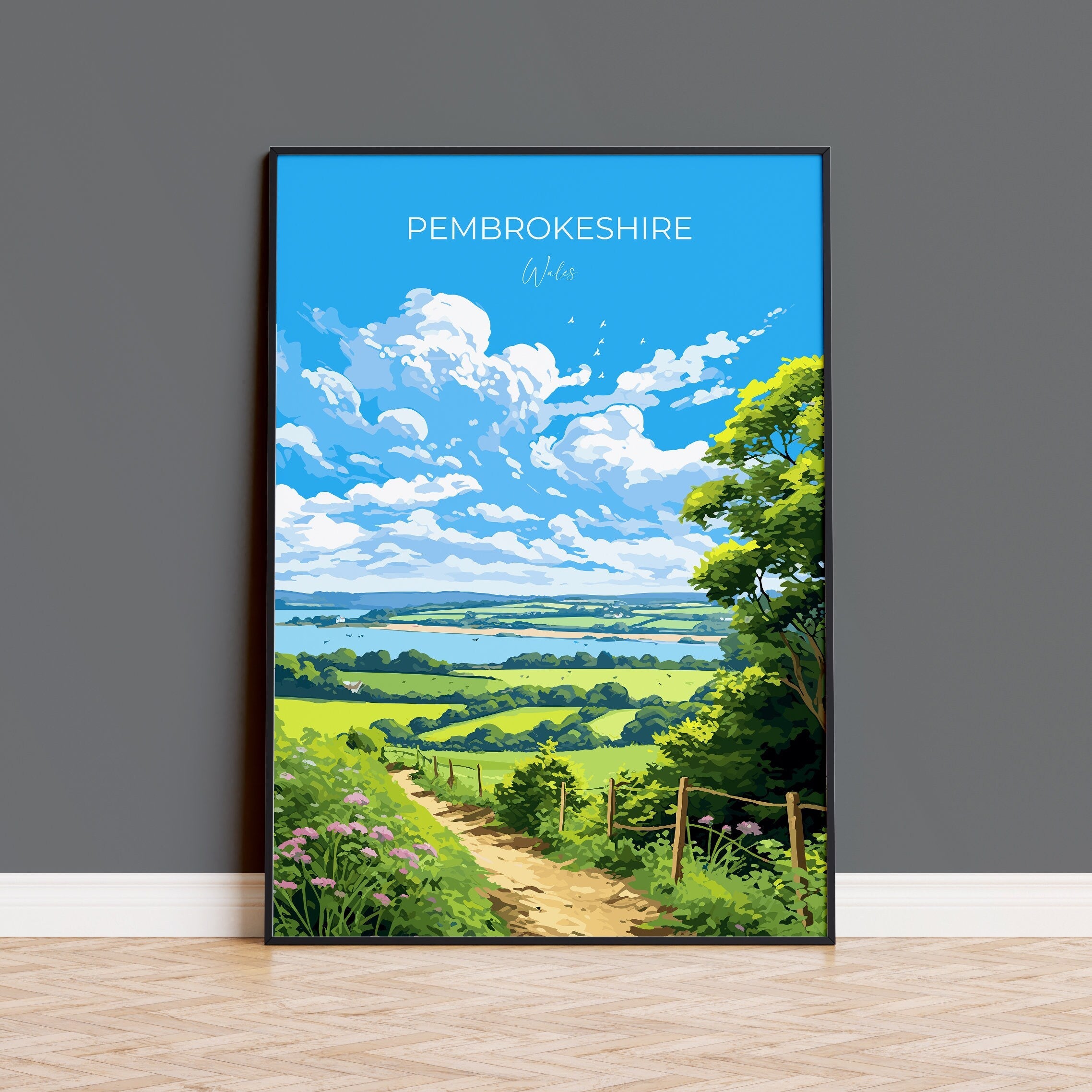 Pembrokeshire Print, Travel Poster of Pembrokeshire, Wales, Pembrokeshire Art Gift, Wales Gift Art, Landscape Wall Art Print NQ Media Designs