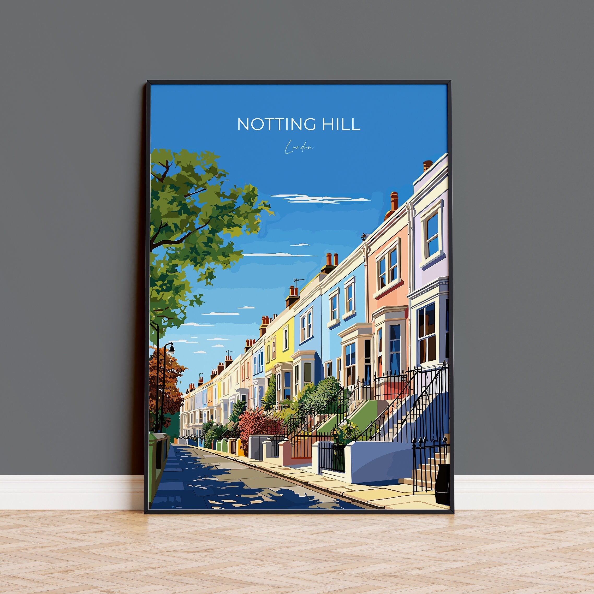 Notting Hill Travel Poster Wall Art, Travel Print of Notting Hill, London Poster, Notting Hill Art Gift, London UK Travel Gift NQ Media Designs