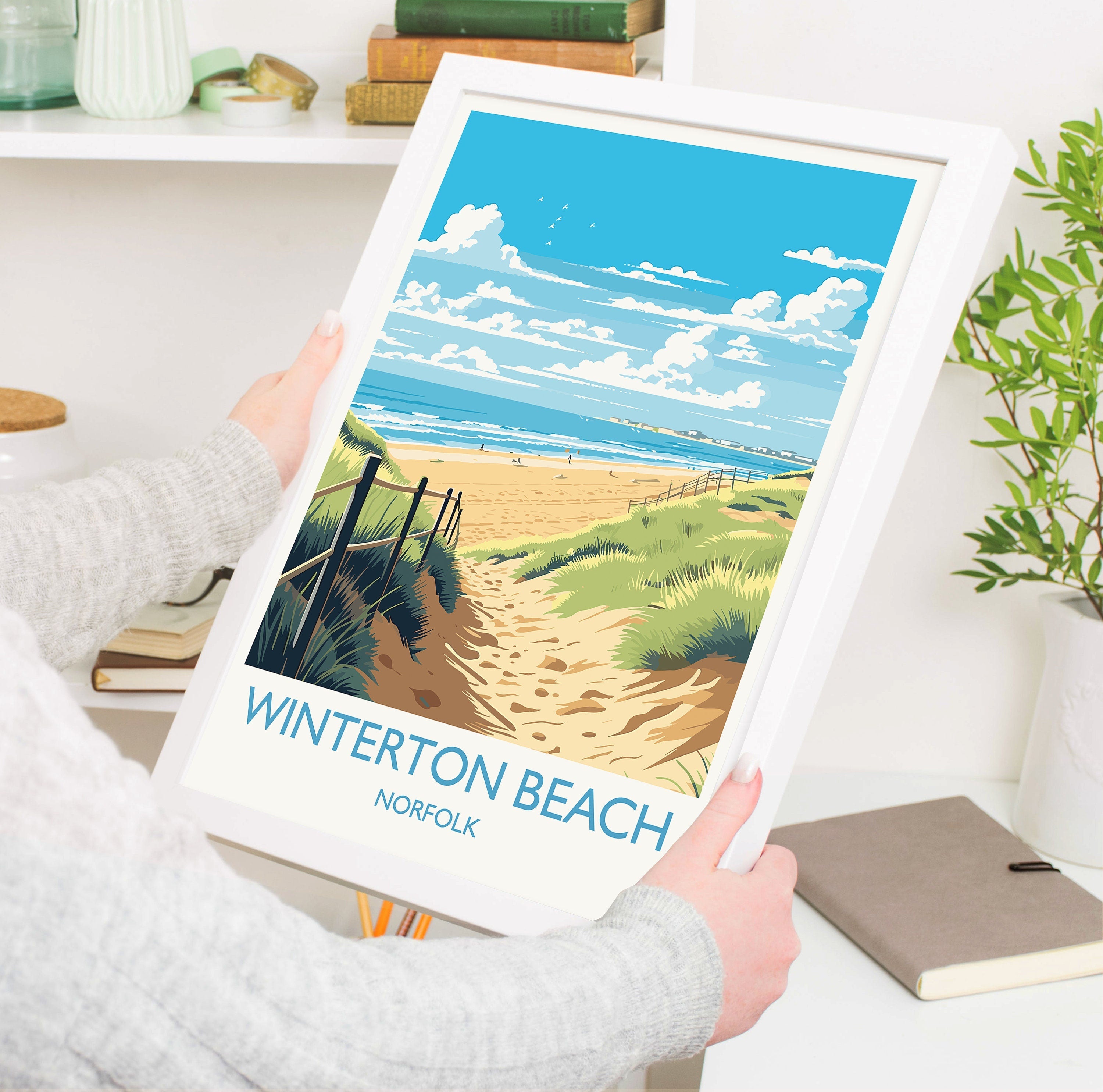 Winterton Beach Travel Print, Travel Poster of Winterton Beach, Norfolk, England, Winterton Beach Gift, Norfolk Art Gift, Wall Art Print NQ Media Designs