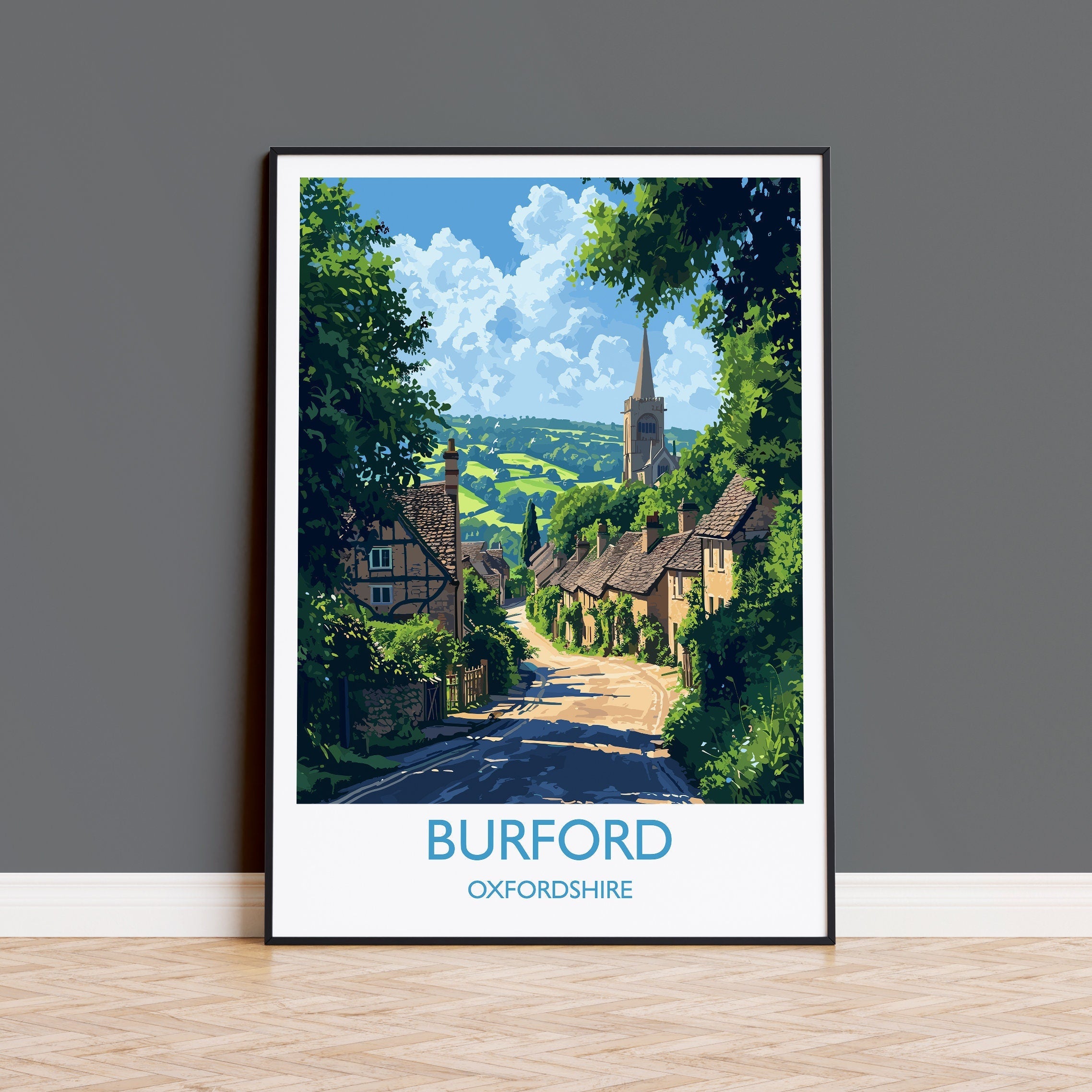 Burford Travel Poster, Travel Print of Burford, Oxfordshire Gift, England, Burford Art Lovers Gift, Wall Art Print NQ Media Designs