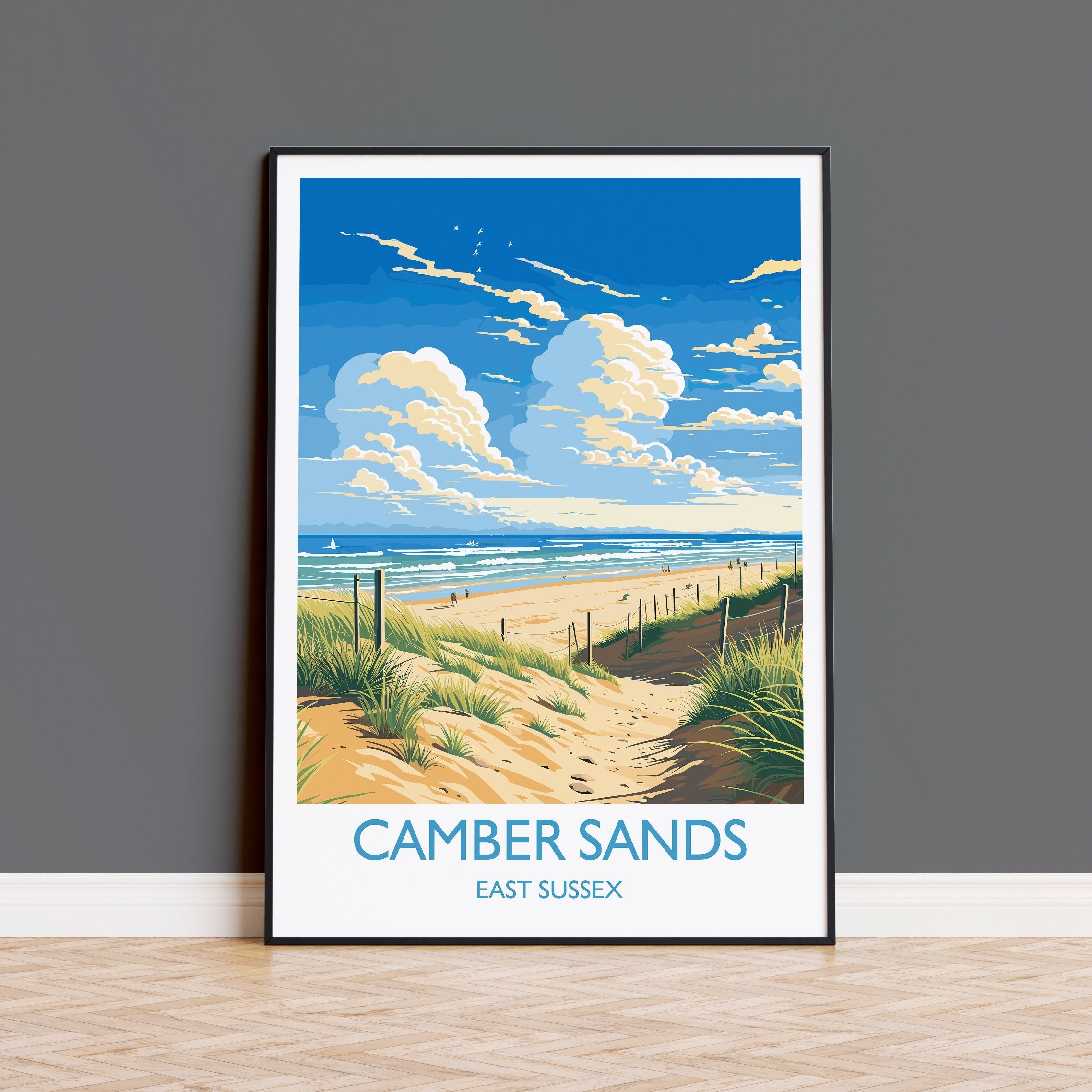 Camber Sands Travel Poster Wall Art, Camber Sands Travel Print, East Sussex, English Coastal Art, Camber Sands Gift, Wall Art Print NQ Media Designs