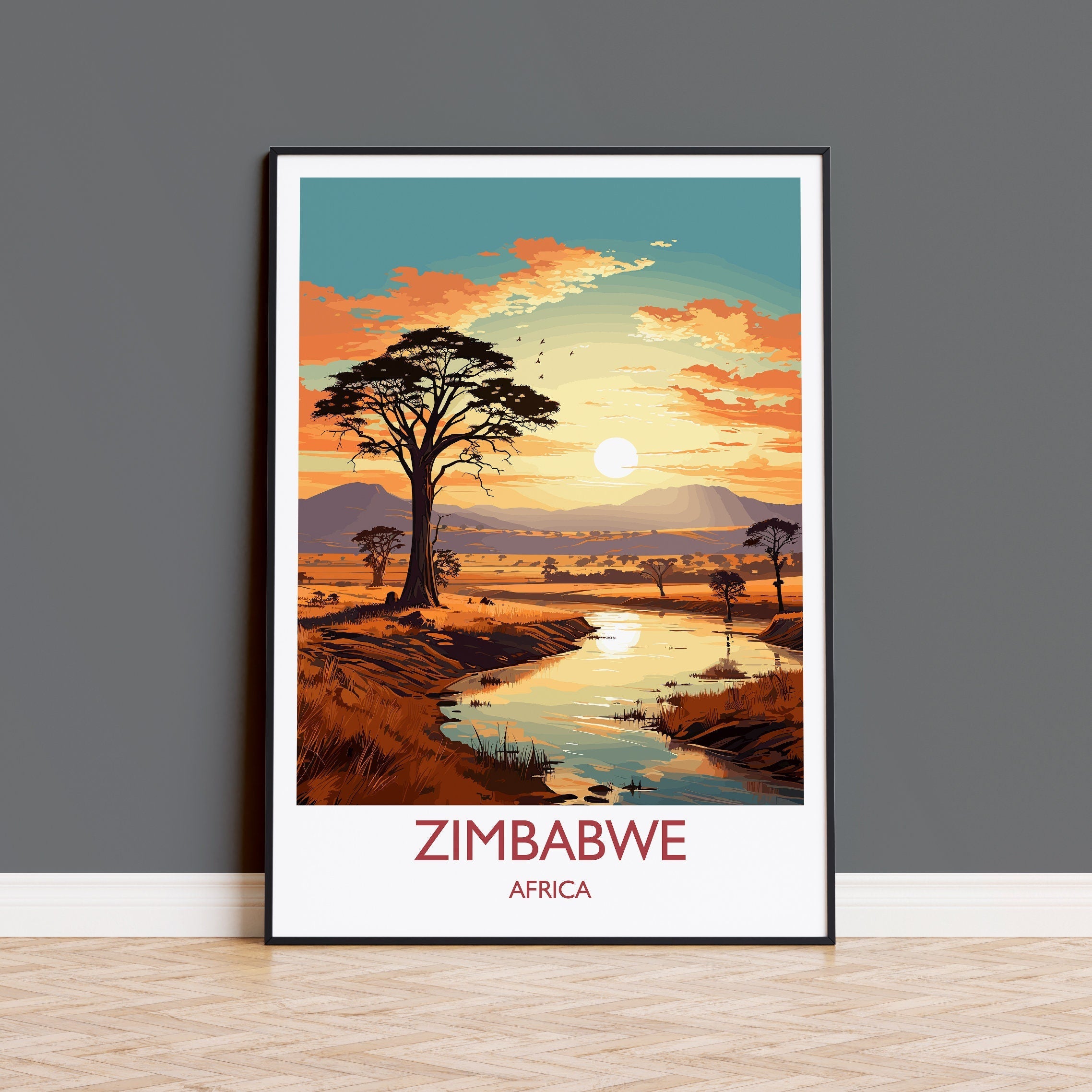 Zimbabwe Travel Poster Wall Art, Travel Poster of Zimbabwe Sunset, Zimbabwe Gift, Zimbabwe Travel Art, Africa Art Lovers Gift, NQ Media Designs