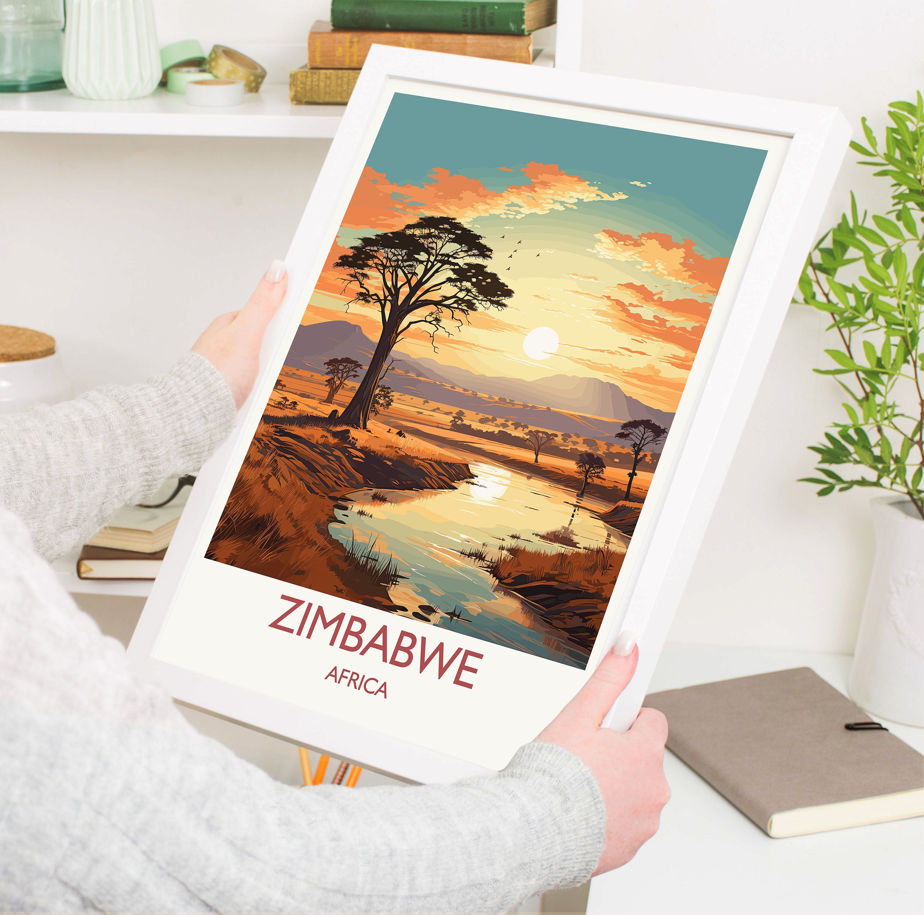 Zimbabwe Travel Poster Wall Art, Travel Poster of Zimbabwe Sunset, Zimbabwe Gift, Zimbabwe Travel Art, Africa Art Lovers Gift, NQ Media Designs