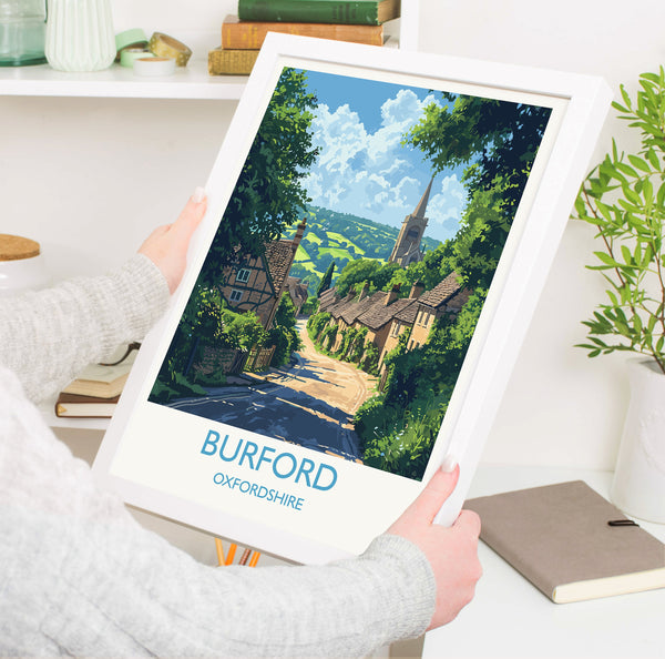 Burford Travel Poster, Travel Print of Burford, Oxfordshire Gift, England, Burford Art Lovers Gift, Wall Art Print