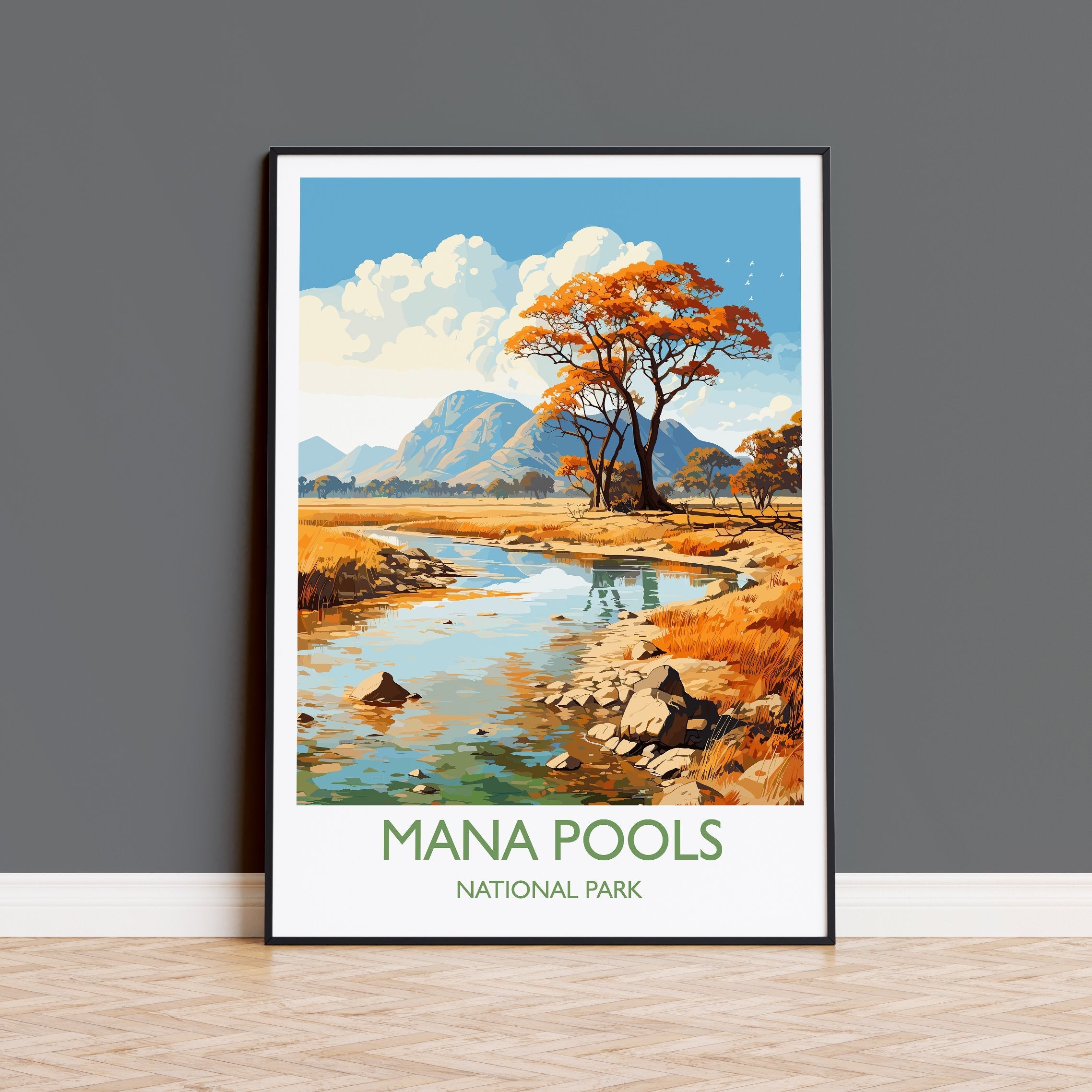 Mana Pools Travel Poster Wall Art, Travel Print of Mana Pools, Zimbabwe Gift, Mana Pools National Park Africa Art Gift NQ Media Designs