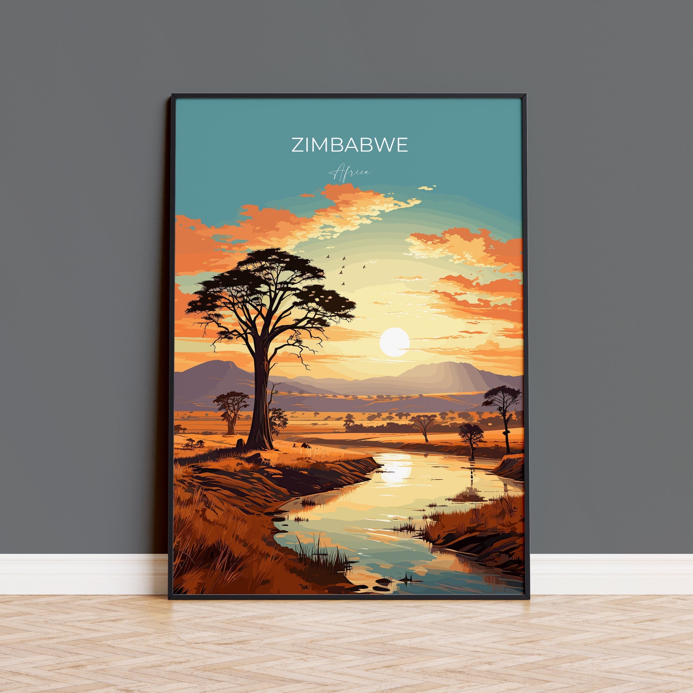 Zimbabwe Travel Poster Wall Art, Travel Poster of Zimbabwe Sunset, Zimbabwe Gift, Zimbabwe Travel Art, Africa Art Lovers Gift NQ Media Designs