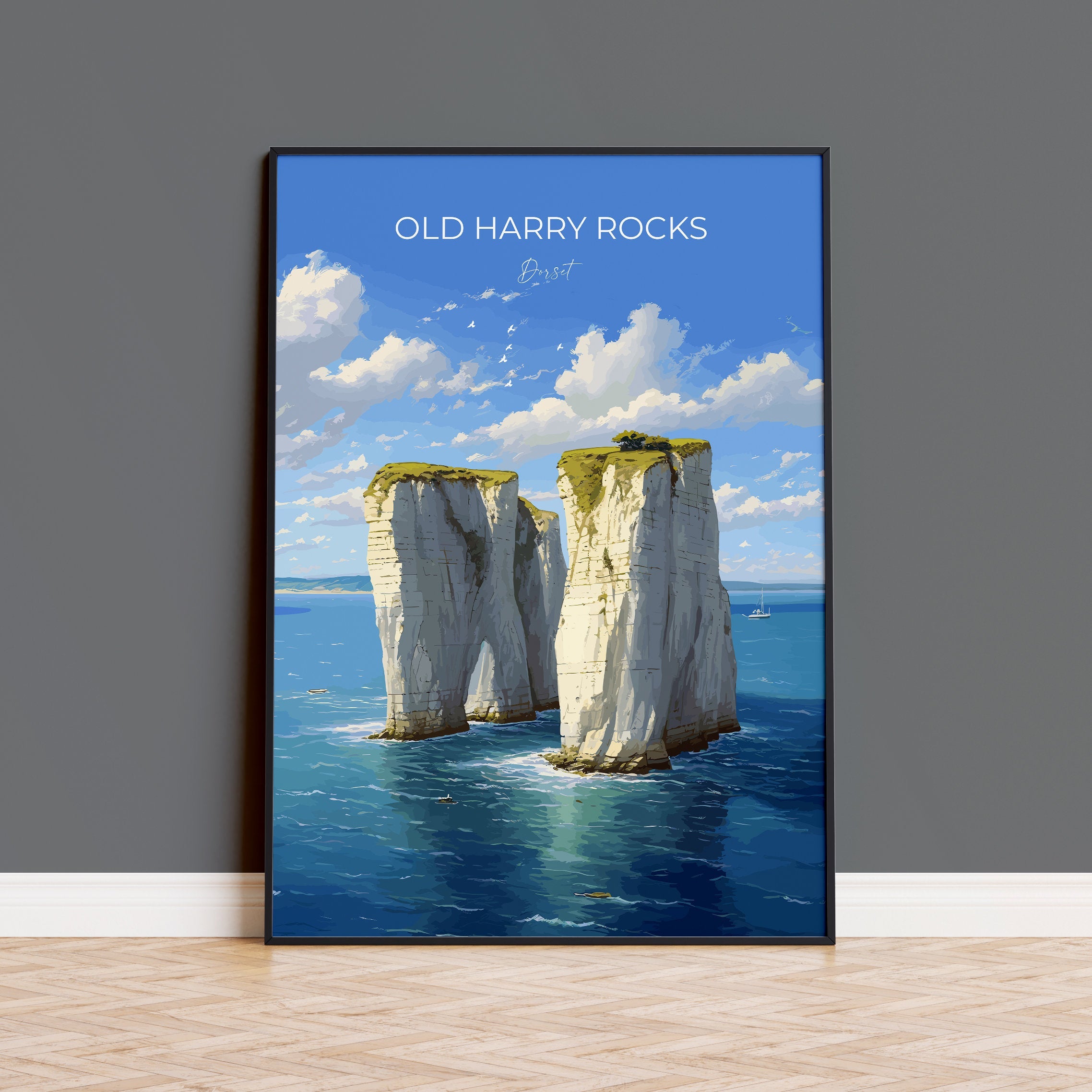 Old Harry Rocks Print, Travel Poster of Old Harry Rocks, England, Dorset Coast Art, Dorset Art Lovers Gift, Wall Art Print NQ Media Designs