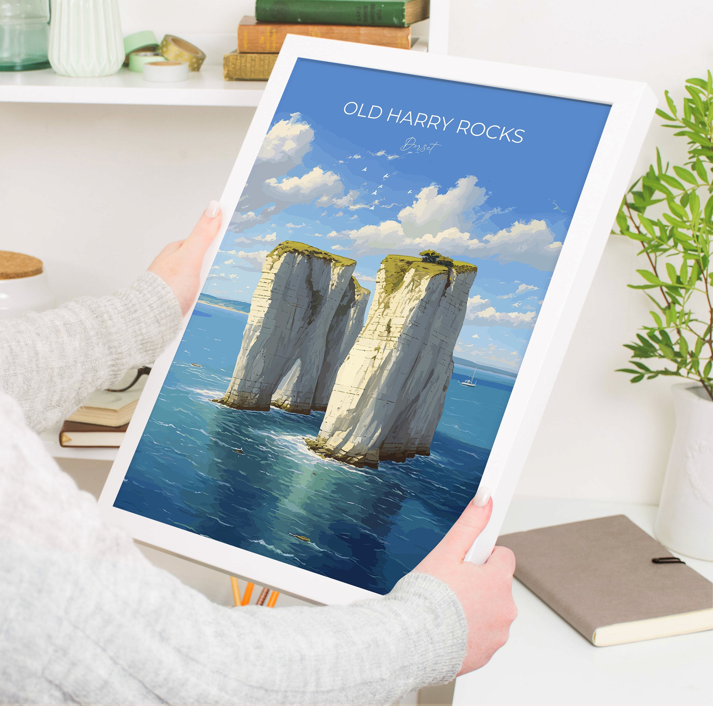 Old Harry Rocks Print, Travel Poster of Old Harry Rocks, England, Dorset Coast Art, Dorset Art Lovers Gift, Wall Art Print NQ Media Designs