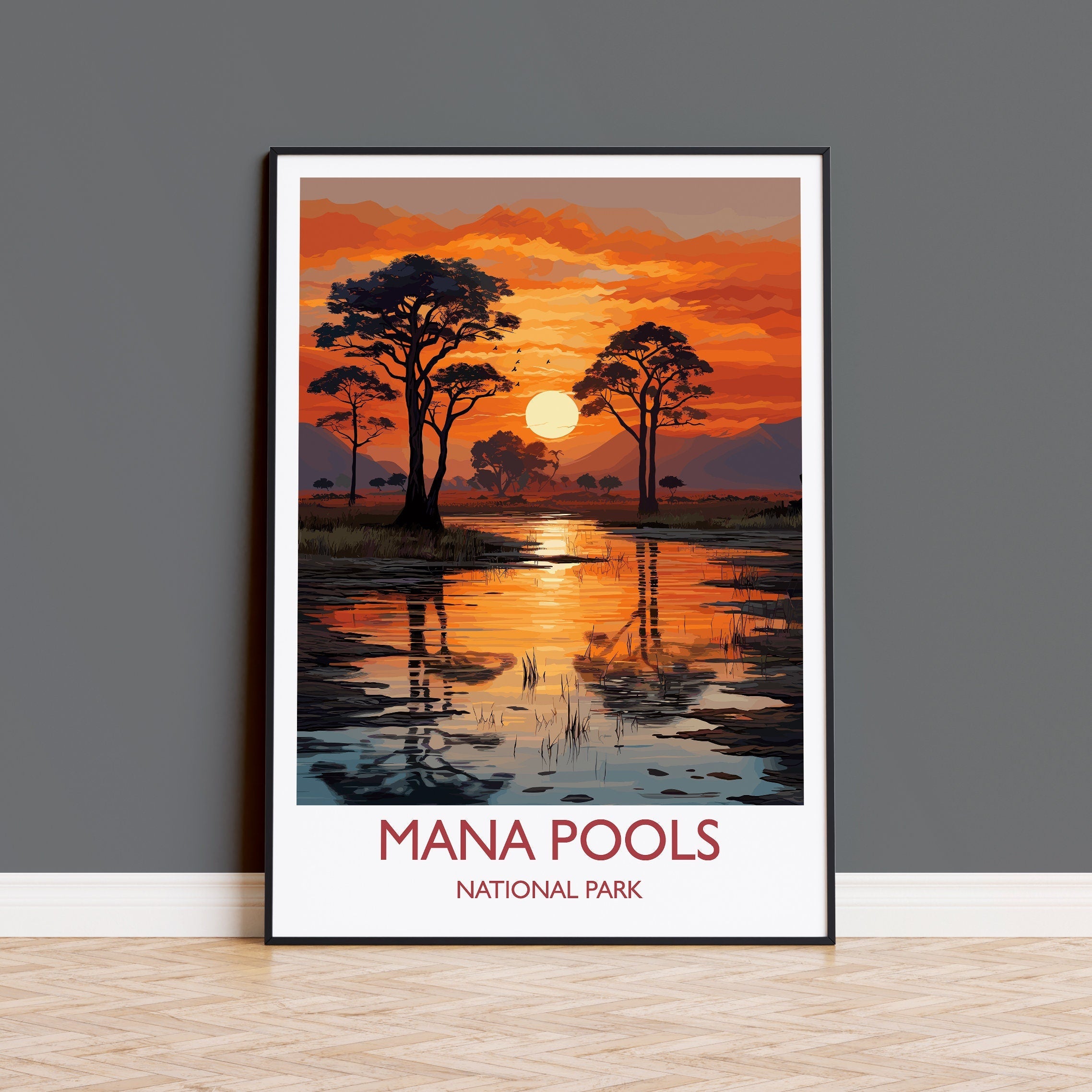 Mana Pools Travel Print Wall Art, Travel Poster of Mana Pools, Zimbabwe Gift, Mana Pools National Park Sunset Africa Art Gift NQ Media Designs