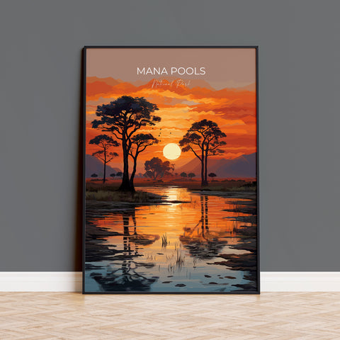 Mana Pools Travel Print Wall Art, Travel Poster of Mana Pools, Zimbabwe Gift, Mana Pools National Park Sunset Africa Art Gift