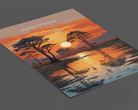 Mana Pools Travel Print Wall Art, Travel Poster of Mana Pools, Zimbabwe Gift, Mana Pools National Park Sunset Africa Art Gift