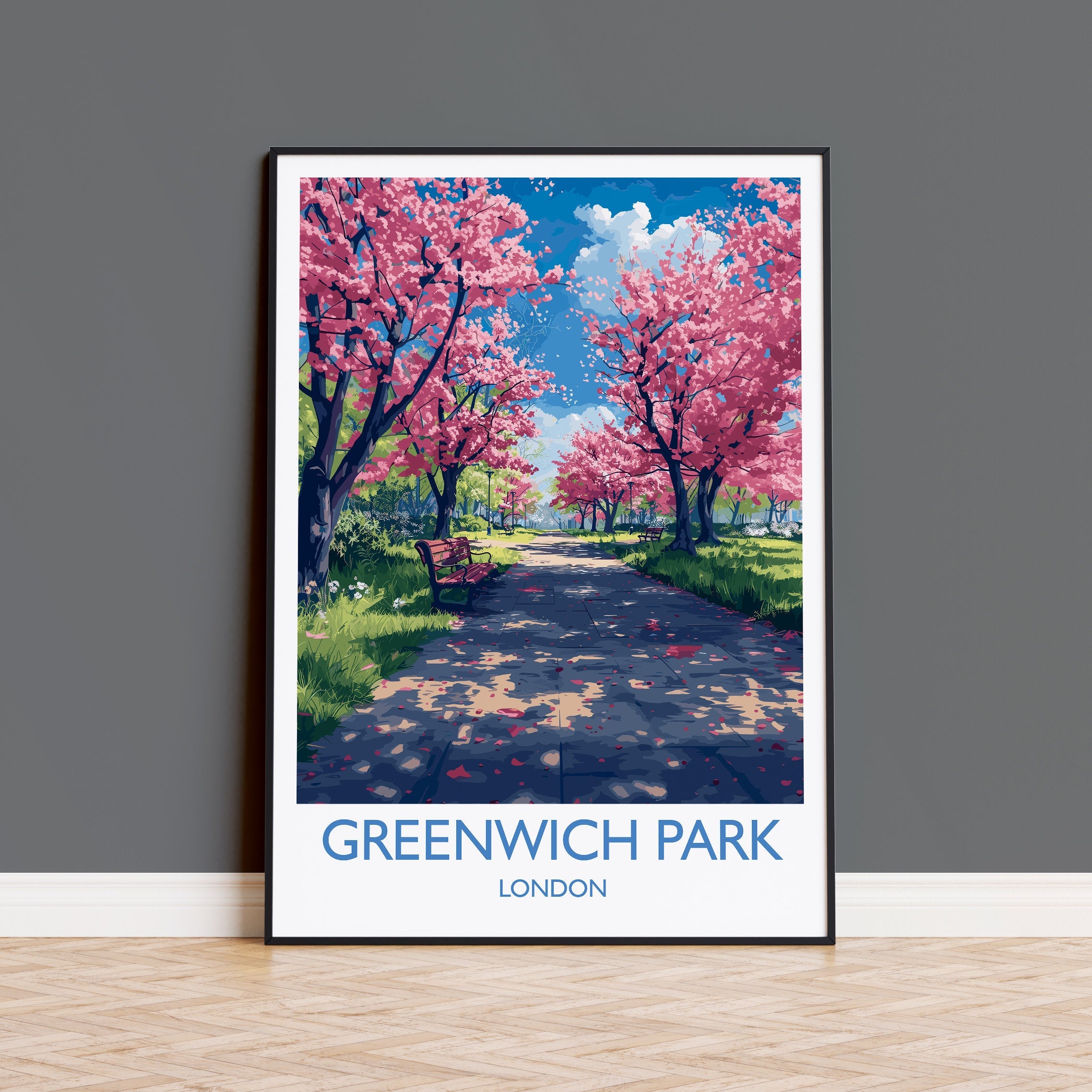 Greenwich Park Travel Poster Wall Art, Travel Print of Greenwich Park, Spring Blossom, Greenwich Park Art Gift, London Art Lovers Gift NQ Media Designs