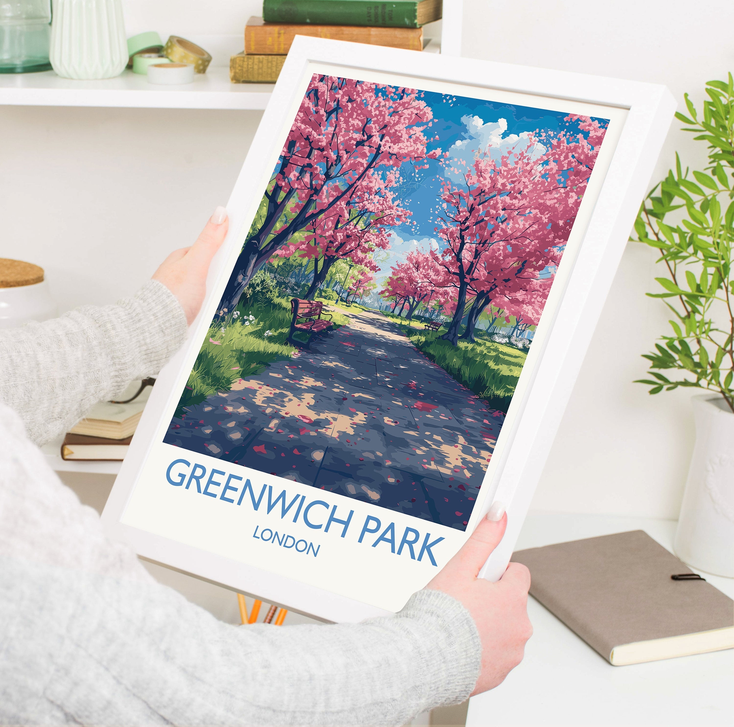 Greenwich Park Travel Poster Wall Art, Travel Print of Greenwich Park, Spring Blossom, Greenwich Park Art Gift, London Art Lovers Gift NQ Media Designs