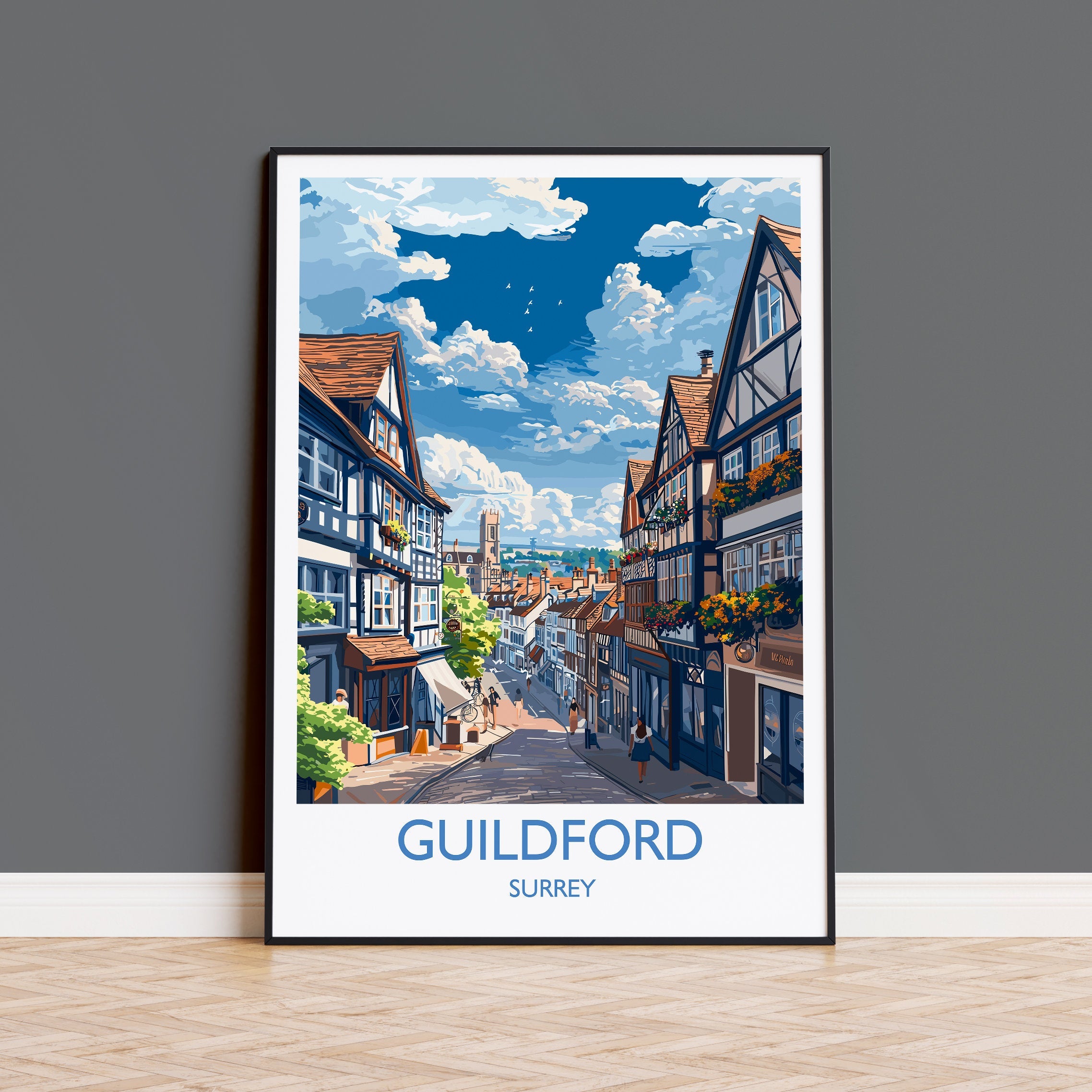 Guildford Travel Print, Travel Poster of Guildford, Surrey Poster, Guildford Art Gift, London Art Lovers UK Travel Gift NQ Media Designs