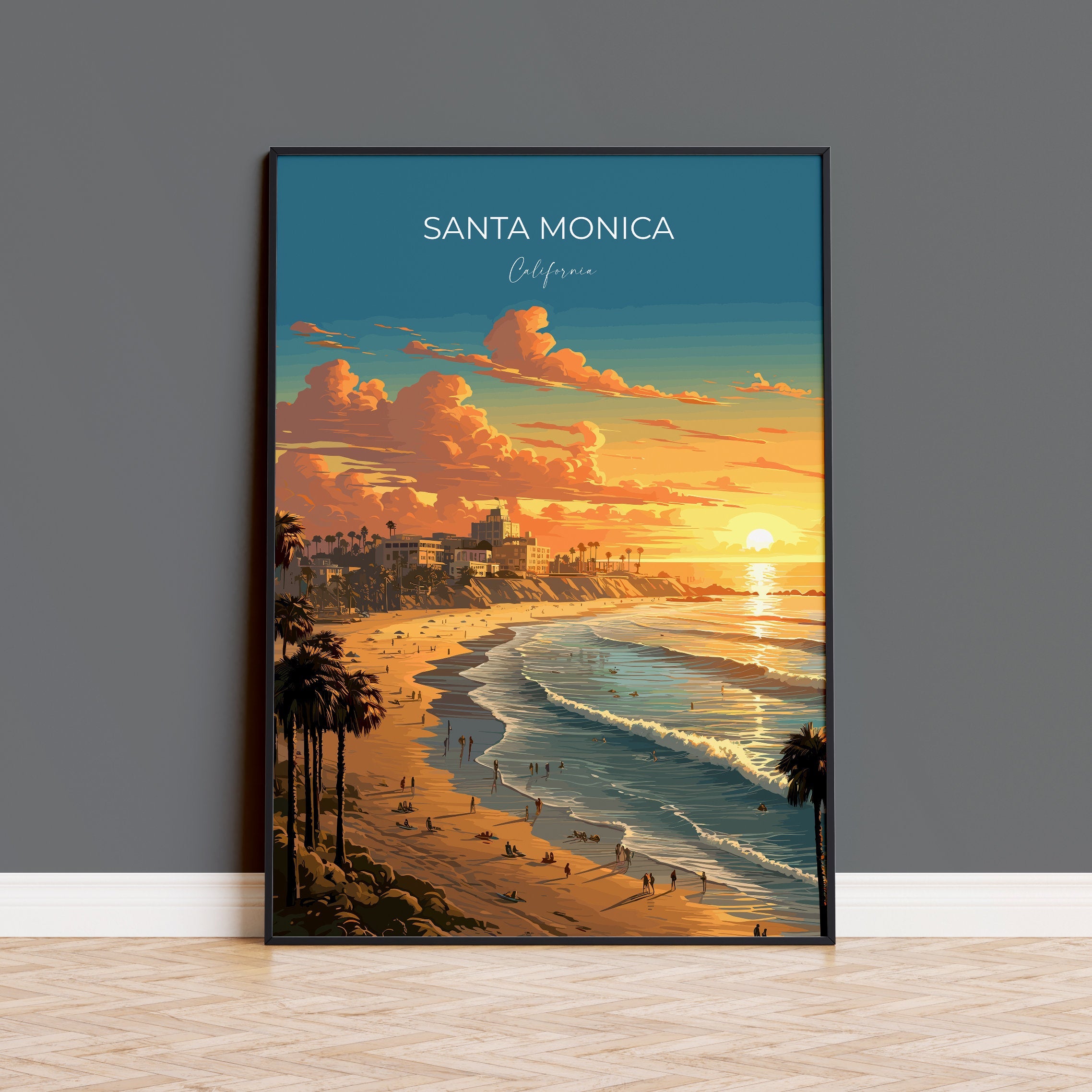 Santa Monica Travel Print, Travel Poster of Santa Monica, California, Santa Monica Art Lovers Gift, USA Gift, Wall Art Print NQ Media Designs