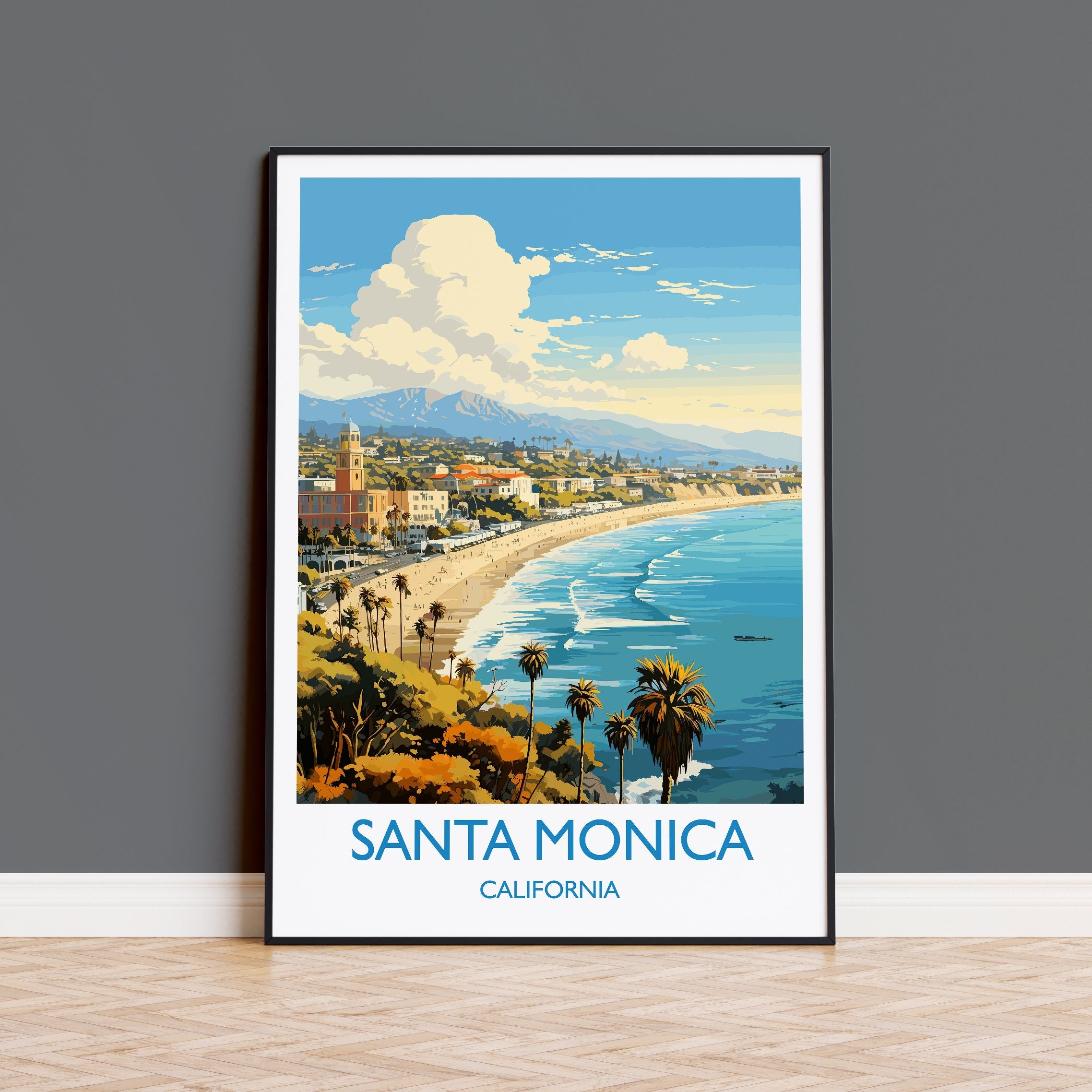 Santa Monica Travel Print, Travel Poster of Santa Monica, California, Santa Monica Art Lovers Gift, USA Gift, Wall Art Print NQ Media Designs
