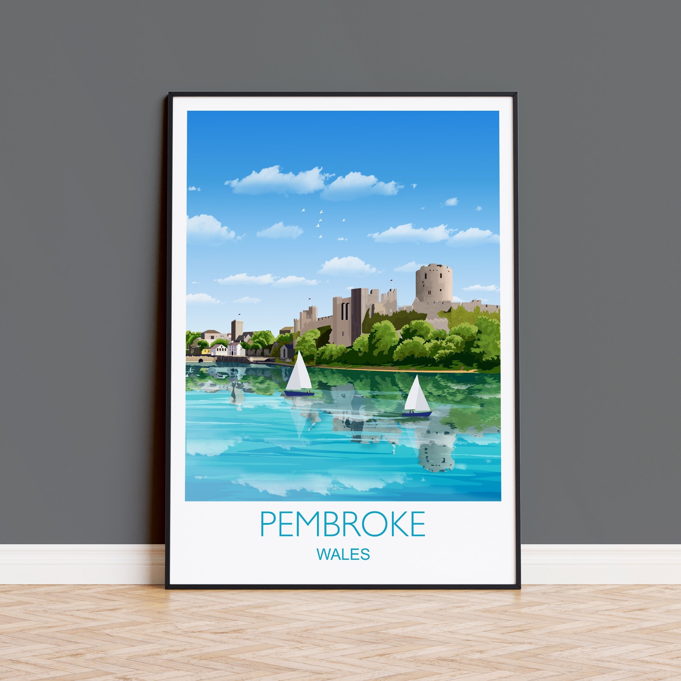Pembroke Travel Print, Travel Poster of Pembroke, Wales, Pembrokeshire Art Gift, Wales Art Lovers Gift, Wall Art Print NQ Media Designs